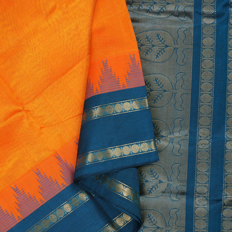 Hayagrivas Handloom Kanjivaram silk cotton saree in Mango yellow with dark sky blue KBE446E13-1