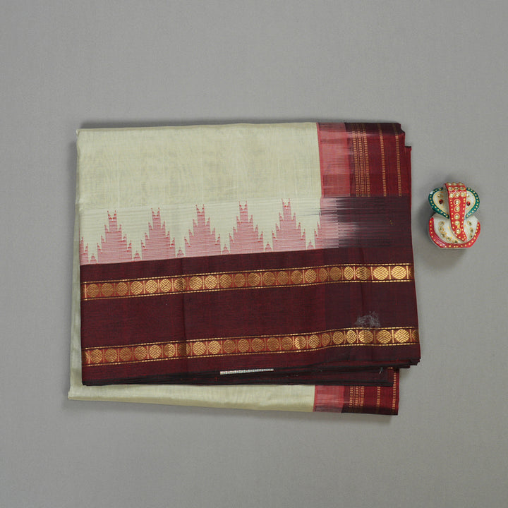 Hayagrivas handloom kanjivaram silk cotton saree in traditional half white with wine maroon KBE446E13-4