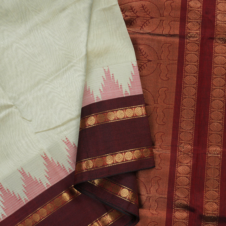Hayagrivas handloom kanjivaram silk cotton saree in traditional half white with wine maroon KBE446E13-4