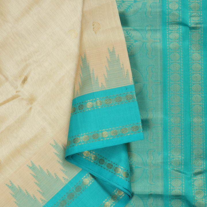 Hayagrivas Handloom Kanjivaram silk cotton saree in Sandal with sky blue KBE446E14-2
