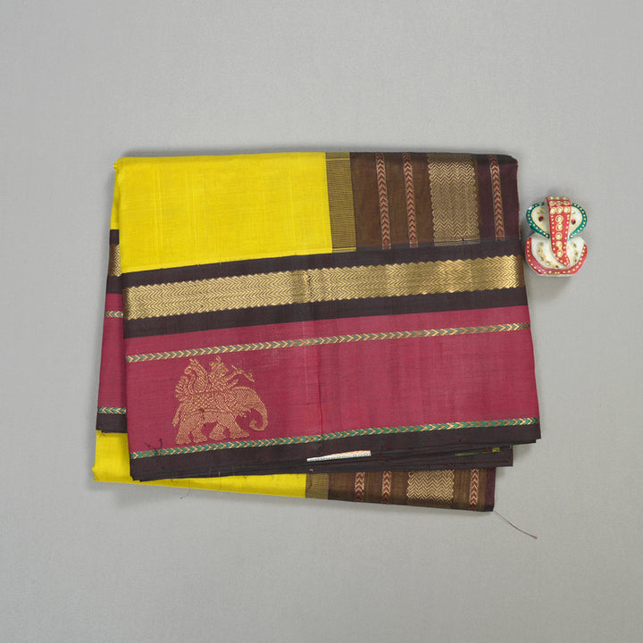 Hayagrivas handloom kanjivaram silk cotton saree in lemon yellow with dark brown KBE446E15-3