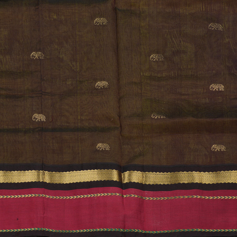 Hayagrivas handloom kanjivaram silk cotton saree in lemon yellow with dark brown KBE446E15-3