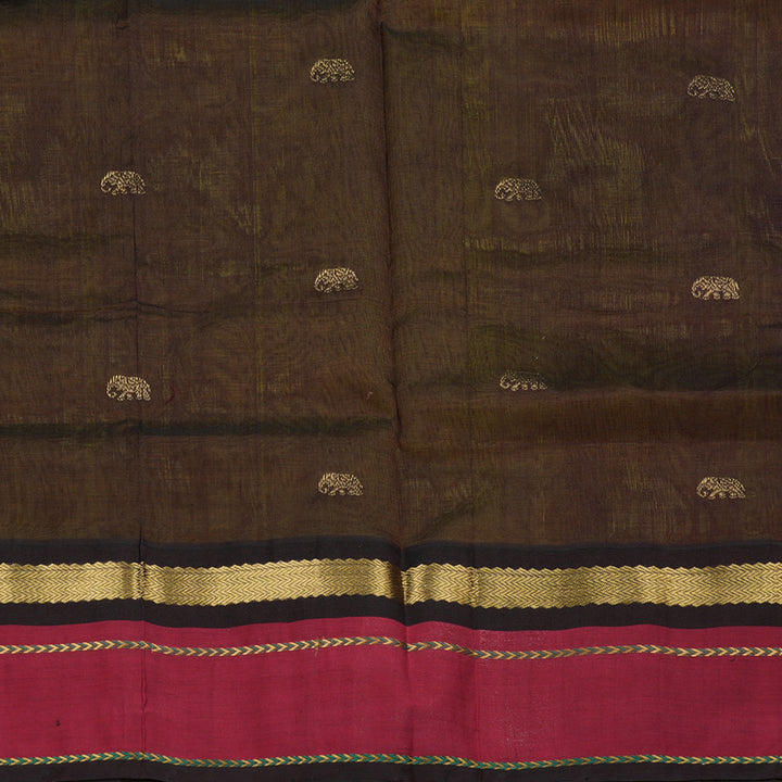 Hayagrivas handloom kanjivaram silk cotton saree in lemon yellow with dark brown KBE446E15-3
