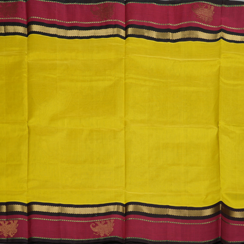 Hayagrivas handloom kanjivaram silk cotton saree in lemon yellow with dark brown KBE446E15-3