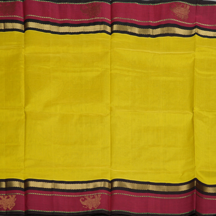 Hayagrivas handloom kanjivaram silk cotton saree in lemon yellow with dark brown KBE446E15-3