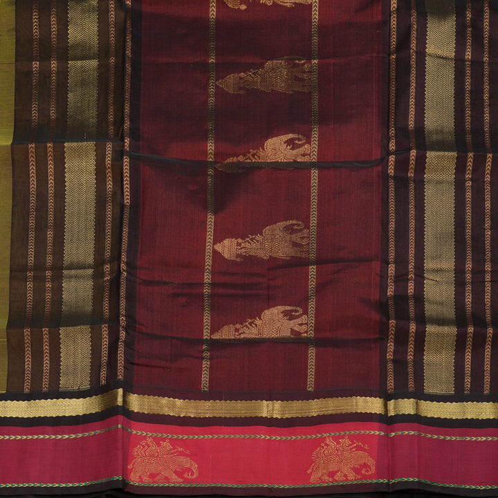 Hayagrivas handloom kanjivaram silk cotton saree in lemon yellow with dark brown KBE446E15-3