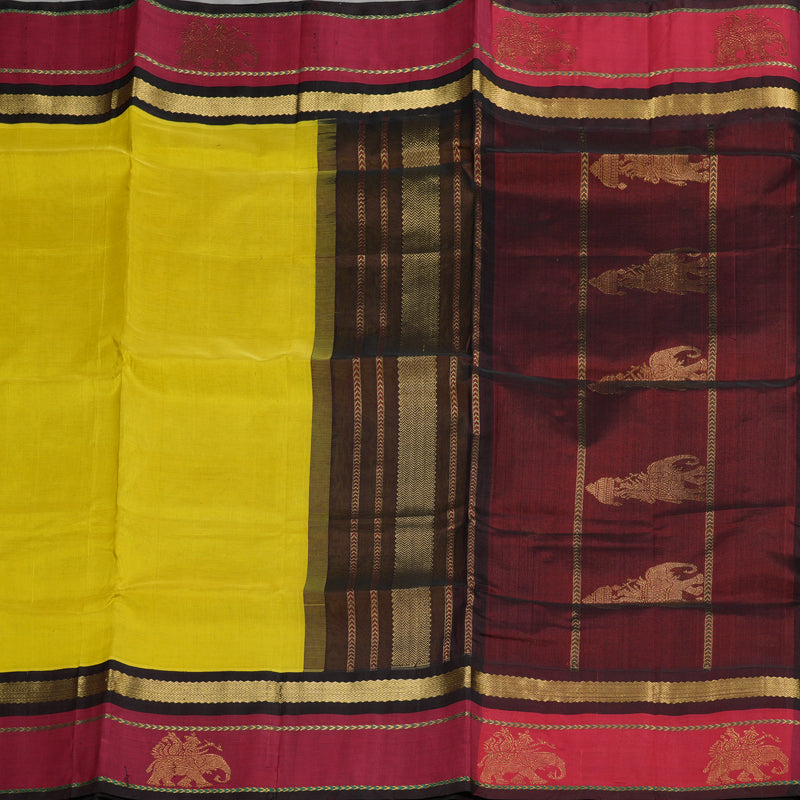 Hayagrivas handloom kanjivaram silk cotton saree in lemon yellow with dark brown KBE446E15-3