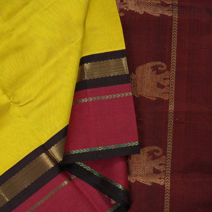 Hayagrivas handloom kanjivaram silk cotton saree in lemon yellow with dark brown KBE446E15-3