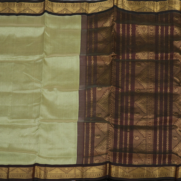 Hayagrivas Pure Silk Cotton saree in Light Elaichi Green with Dark Brown KBE446E5-2