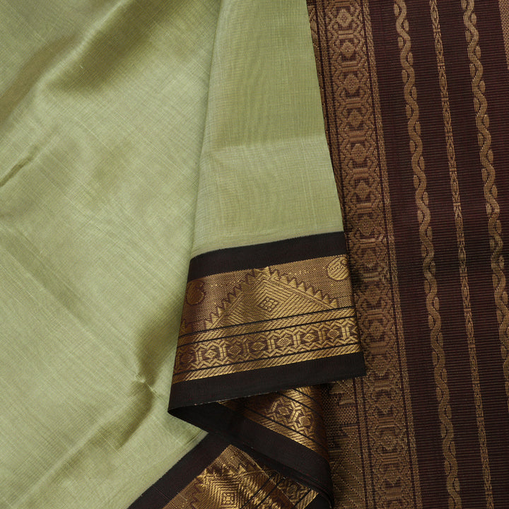Hayagrivas Pure Silk Cotton saree in Light Elaichi Green with Dark Brown KBE446E5-2