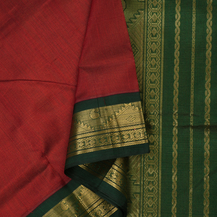 Hayagrivas Pure Silk Cotton Saree in Deep Red with Bottle Green KBE446E5-3