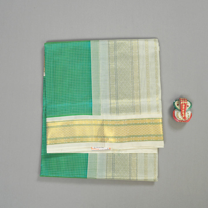 Hayagrivas Handloom Kanjivaram silk cotton saree in Refreshing sea green with half white KBE446E8-11
