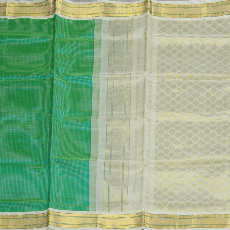 Hayagrivas Handloom Kanjivaram silk cotton saree in Refreshing sea green with half white KBE446E8-11
