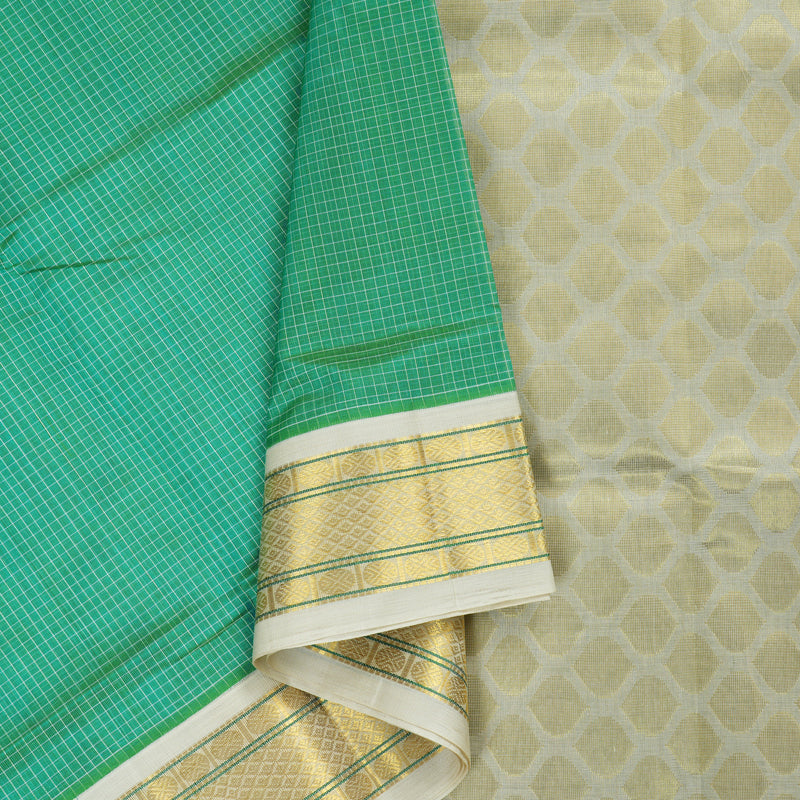 Hayagrivas Handloom Kanjivaram silk cotton saree in Refreshing sea green with half white KBE446E8-11