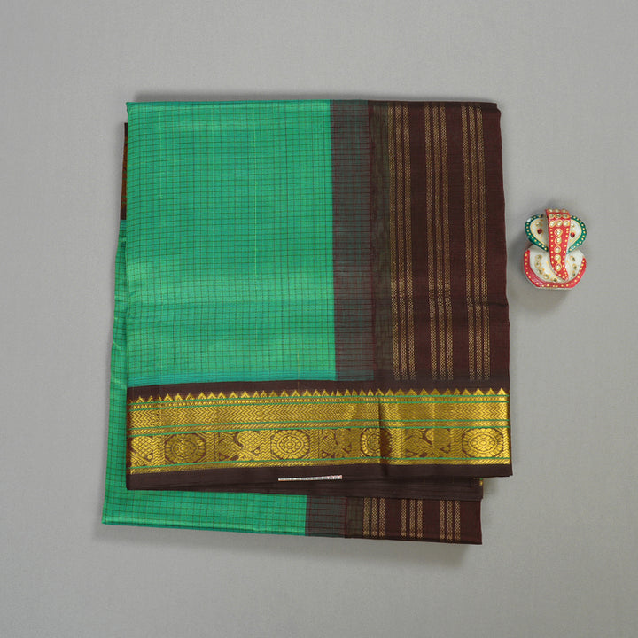 Hayagrivas Handloom Kanjivaram silk cotton saree in stunning Sea green with dark brown KBE446E8-14