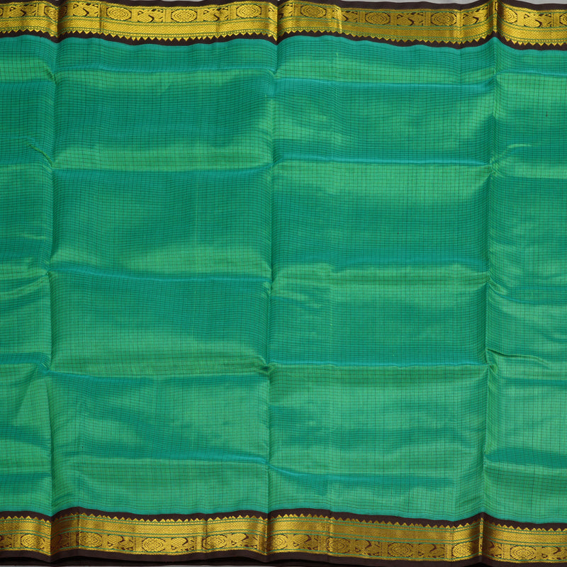 Hayagrivas Handloom Kanjivaram silk cotton saree in stunning Sea green with dark brown KBE446E8-14