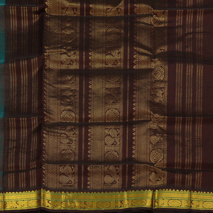 Hayagrivas Handloom Kanjivaram silk cotton saree in stunning Sea green with dark brown KBE446E8-14