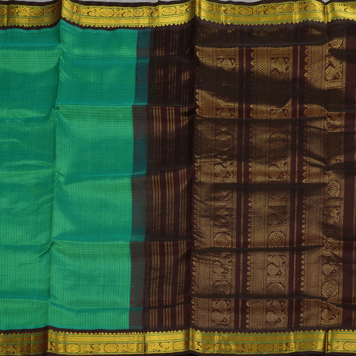 Hayagrivas Handloom Kanjivaram silk cotton saree in stunning Sea green with dark brown KBE446E8-14