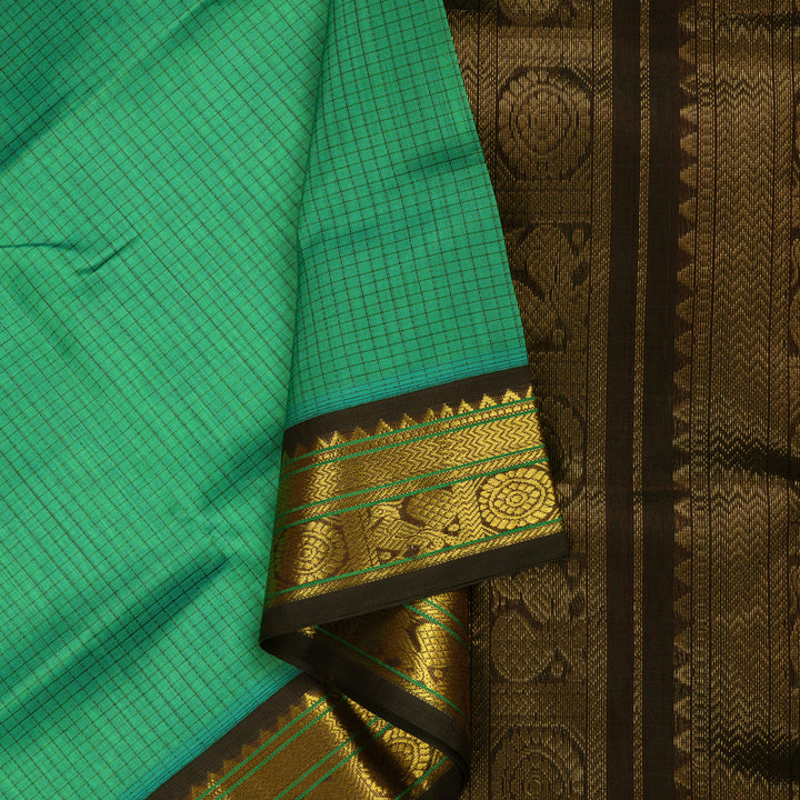 Hayagrivas Handloom Kanjivaram silk cotton saree in stunning Sea green with dark brown KBE446E8-14