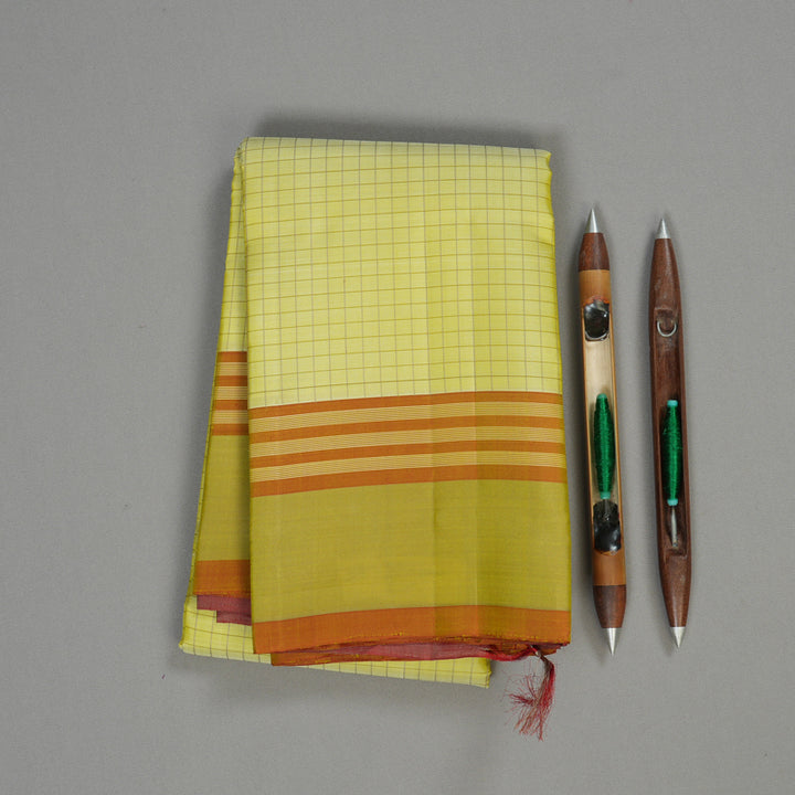 Hayagrivas Handloom Kanjivaram silk saree in Lemon yellow with Beige Thread checks KBE450E32-12