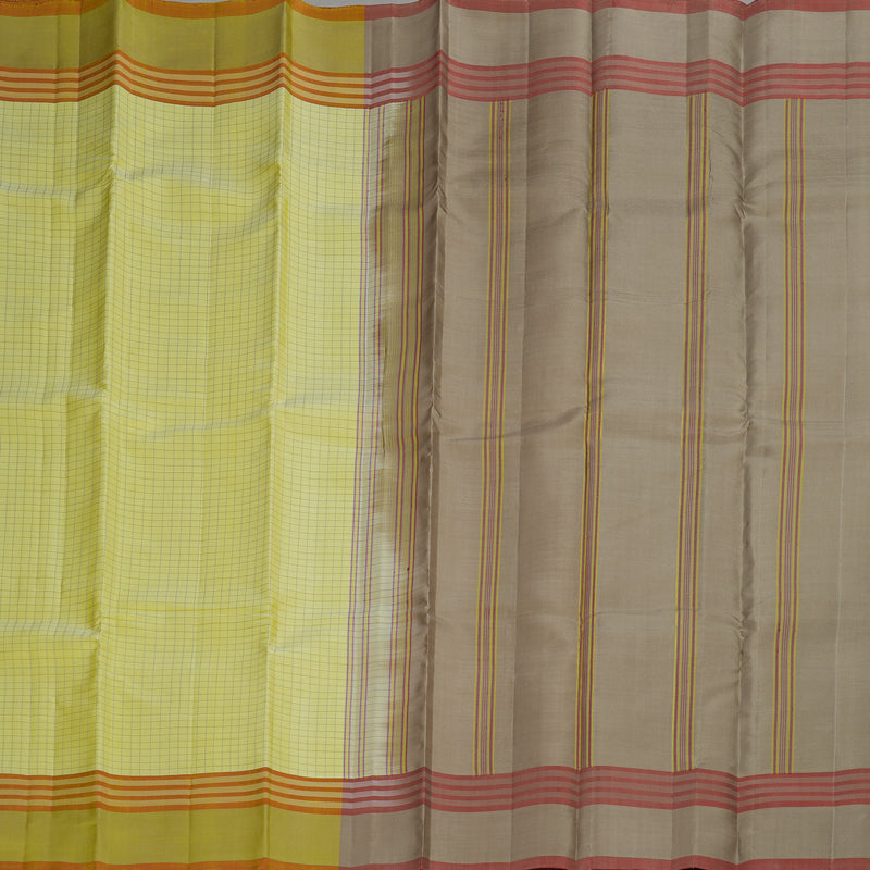 Hayagrivas Handloom Kanjivaram silk saree in Lemon yellow with Beige Thread checks KBE450E32-12