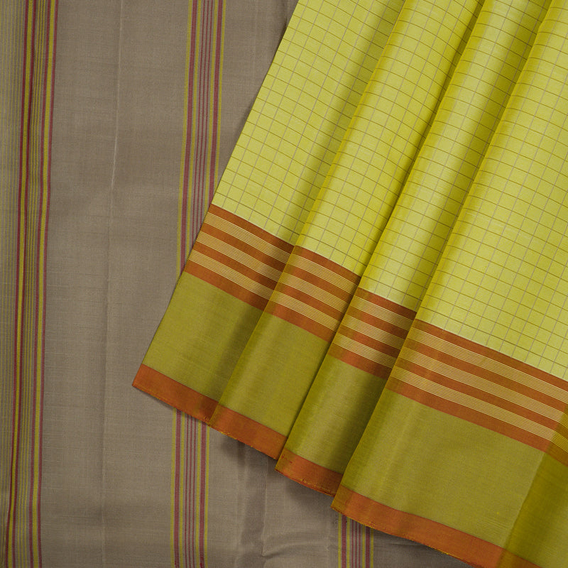 Hayagrivas Handloom Kanjivaram silk saree in Lemon yellow with Beige Thread checks KBE450E32-12