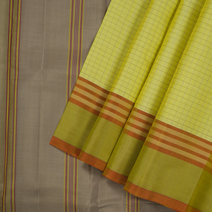 Hayagrivas Handloom Kanjivaram silk saree in Lemon yellow with Beige Thread checks KBE450E32-12