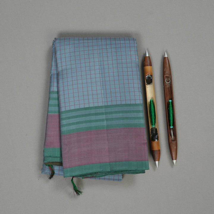 Hayagrivas Handloom Kanjivaram silk saree in bluish grey with maroom thread checks KBE450E32-3
