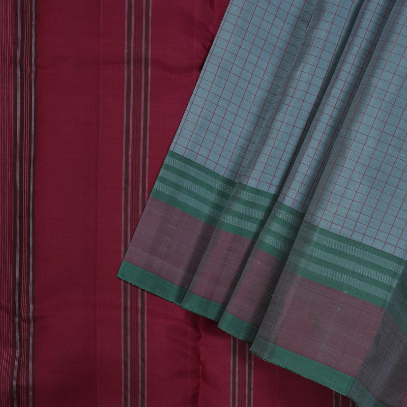 Hayagrivas Handloom Kanjivaram silk saree in bluish grey with maroom thread checks KBE450E32-3