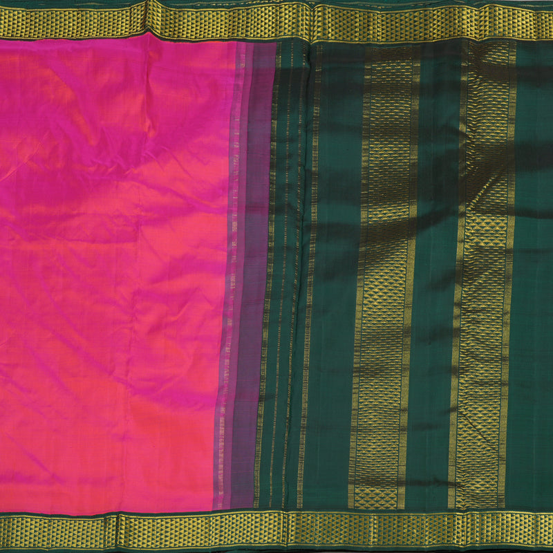 Hayagrivas Handloom Kanjivaram Ten Yards Silk in Orangish Pink with Dark Green KBE463F2-2