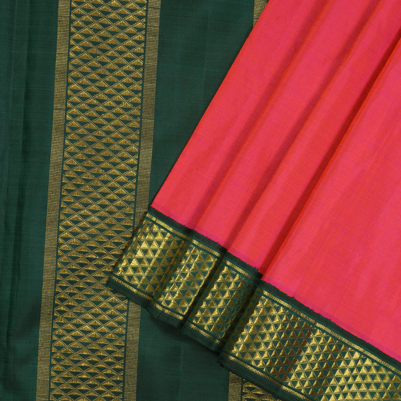Hayagrivas Handloom Kanjivaram Ten Yards Silk in Orangish Pink with Dark Green KBE463F2-2