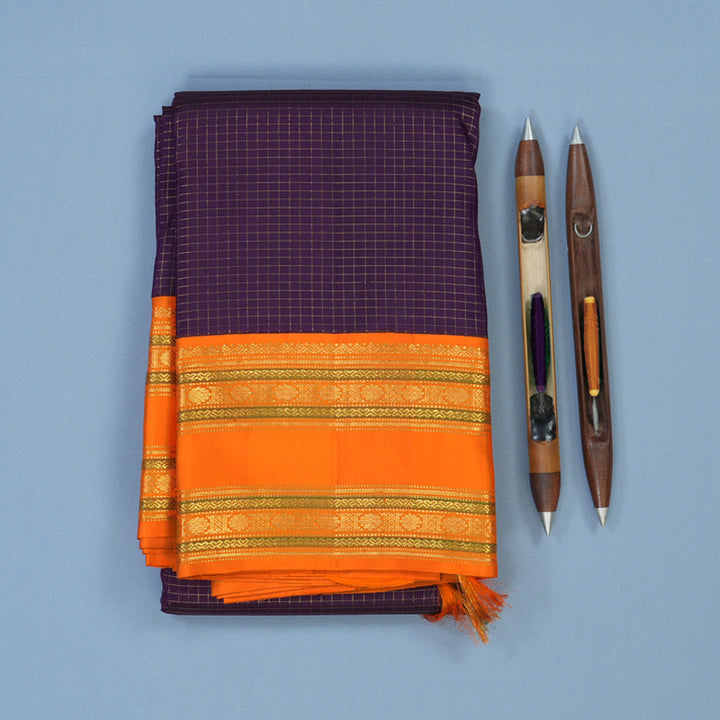 Hayagrivas Handloom Deep Violet Kanjivaram Silk Saree with Orange Border KBE464F2-1