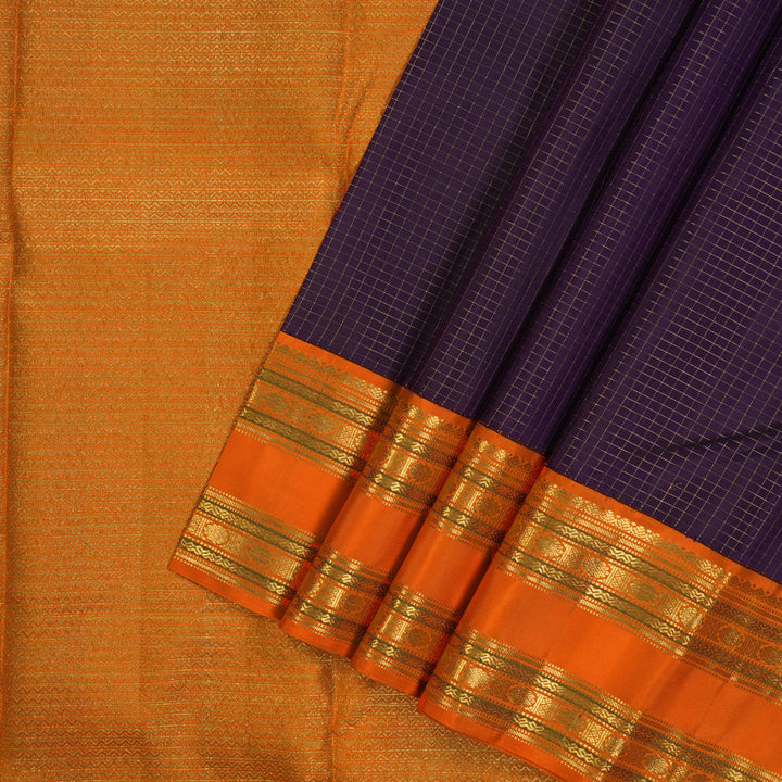 Hayagrivas Handloom Deep Violet Kanjivaram Silk Saree with Orange Border KBE464F2-1