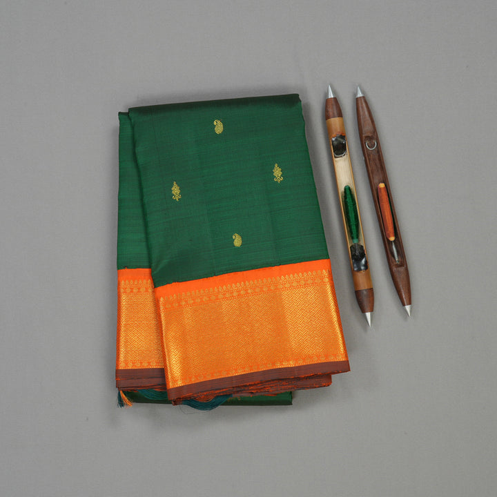 Hayagrivas Handloom Bottle Green Kanjivaram Silk Saree with Orange Border KBE464F7-1