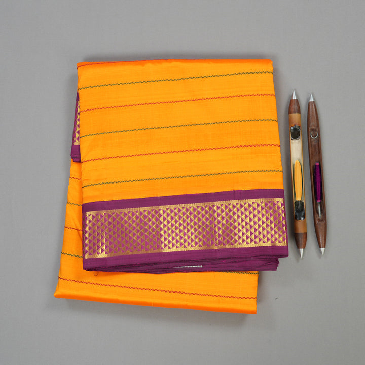 Hayagrivas Handloom Kanjivaram Ten Yards Silk saree in Mango Yellow with Purple Veldhari KBE465F14-2