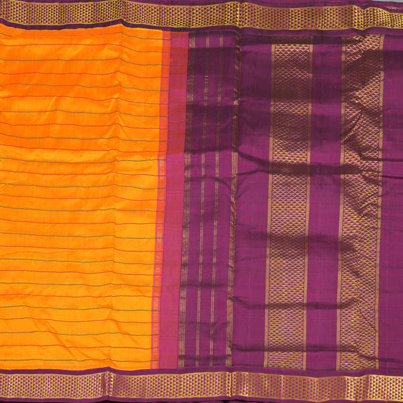 Hayagrivas Handloom Kanjivaram Ten Yards Silk saree in Mango Yellow with Purple Veldhari KBE465F14-2
