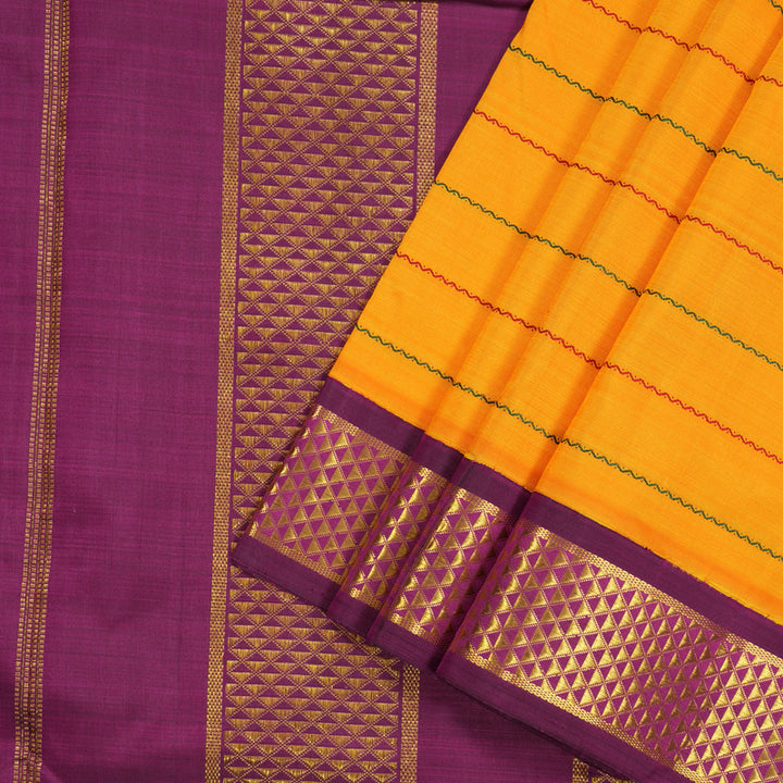Hayagrivas Handloom Kanjivaram Ten Yards Silk saree in Mango Yellow with Purple Veldhari KBE465F14-2