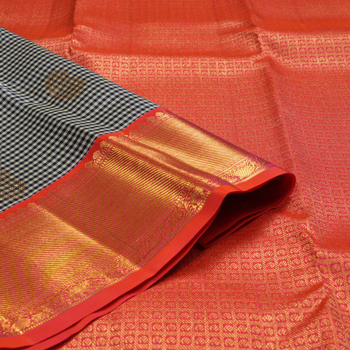 Hayagrivas Handloom kanjivaram silk saree in Black and white checks with orangish pink Korvai KBE467F10-10