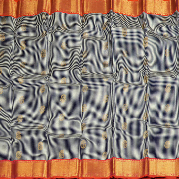 Hayagrivas Handloom kanjivaram silk saree in Black and white checks with orangish pink Korvai KBE467F10-10