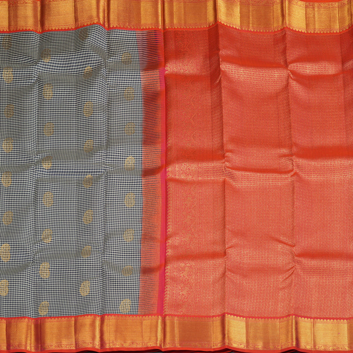 Hayagrivas Handloom kanjivaram silk saree in Black and white checks with orangish pink Korvai KBE467F10-10