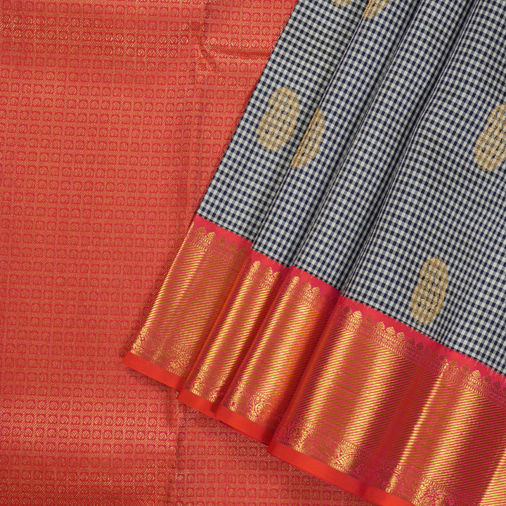 Hayagrivas Handloom kanjivaram silk saree in Black and white checks with orangish pink Korvai KBE467F10-10