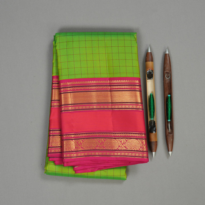Hayagrivas Handloom Korvai Kanjivaram silk saree in Fluorescent green with orangish pink Rettapet border KBE467F4-2