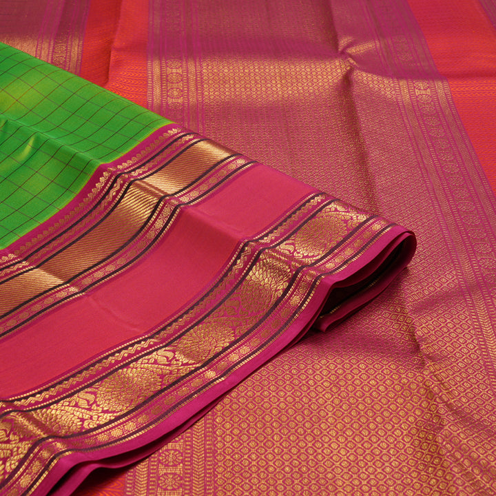 Hayagrivas Handloom Korvai Kanjivaram silk saree in Fluorescent green with orangish pink Rettapet border KBE467F4-2