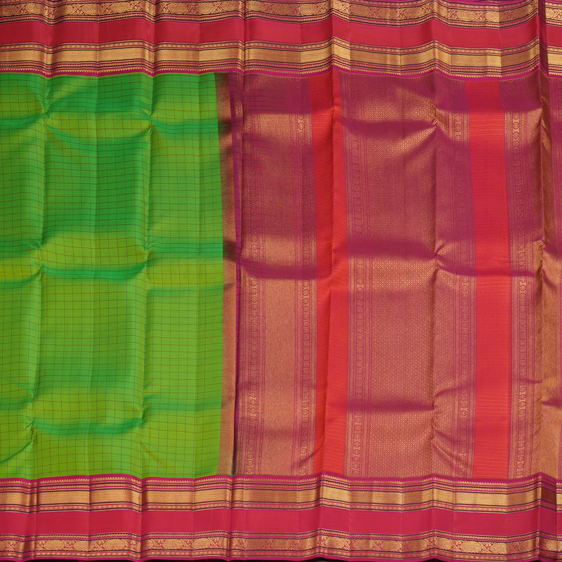 Hayagrivas Handloom Korvai Kanjivaram silk saree in Fluorescent green with orangish pink Rettapet border KBE467F4-2