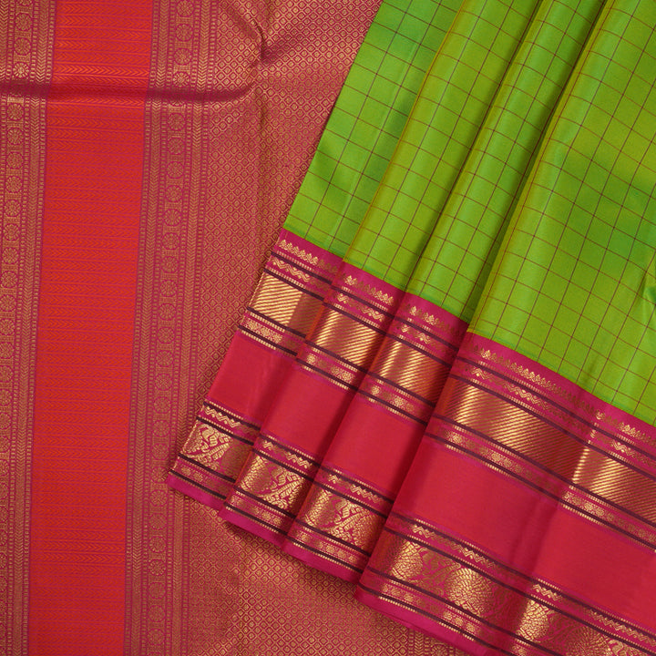 Hayagrivas Handloom Korvai Kanjivaram silk saree in Fluorescent green with orangish pink Rettapet border KBE467F4-2