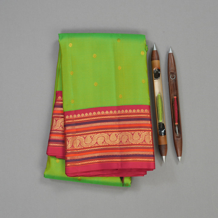 Hayagrivas Handloom Kanjivaram silk saree in Fluorescent Green with Korvai contrast KBE467F5-1