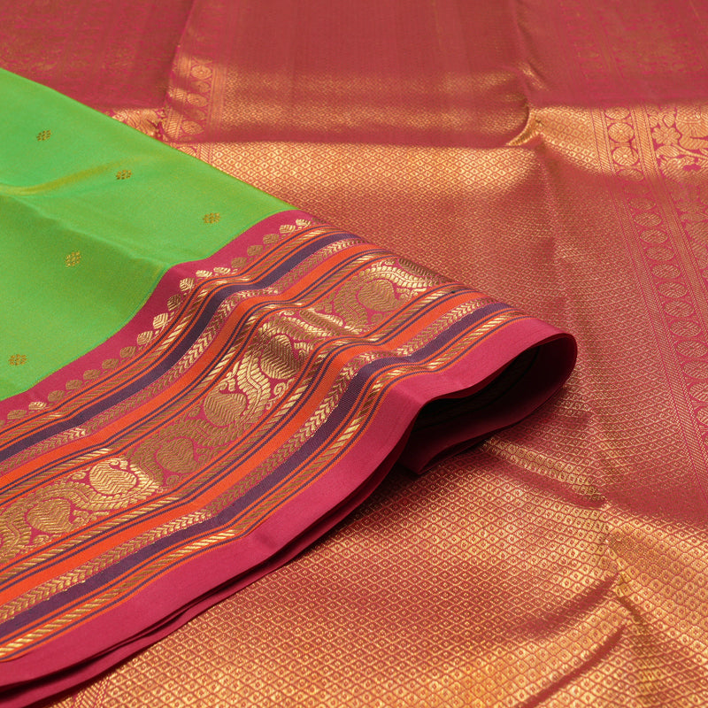 Hayagrivas Handloom Kanjivaram silk saree in Fluorescent Green with Korvai contrast KBE467F5-1