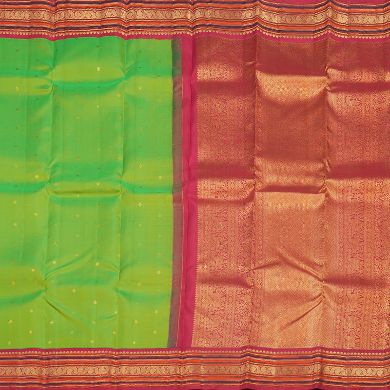 Hayagrivas Handloom Kanjivaram silk saree in Fluorescent Green with Korvai contrast KBE467F5-1