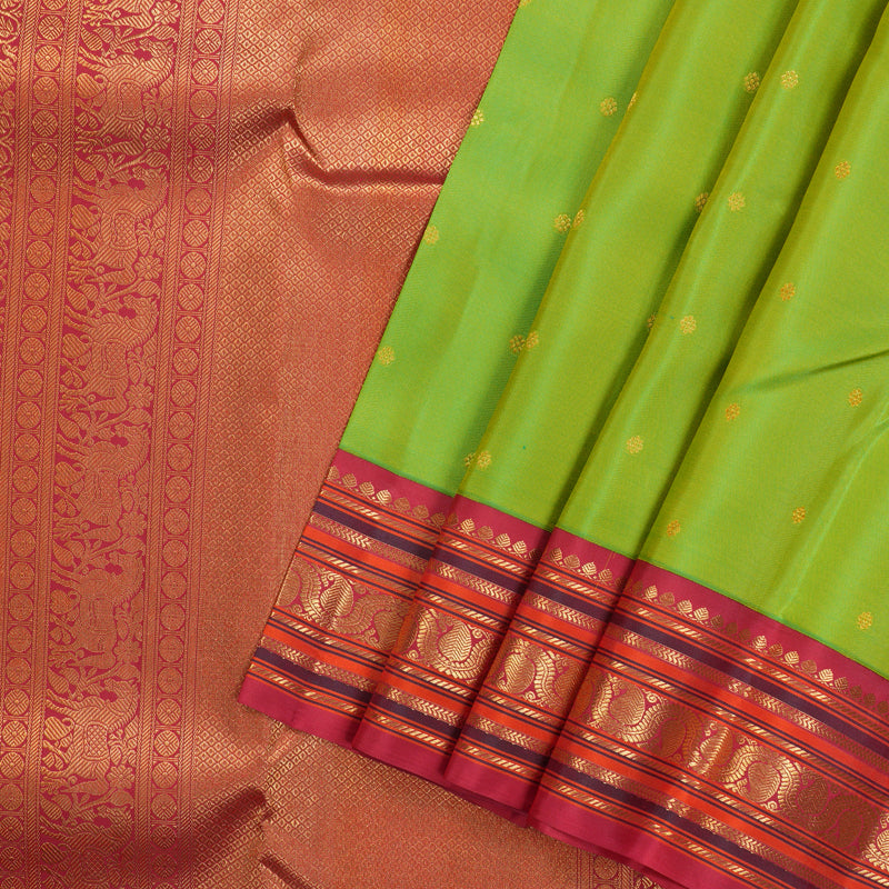 Hayagrivas Handloom Kanjivaram silk saree in Fluorescent Green with Korvai contrast KBE467F5-1
