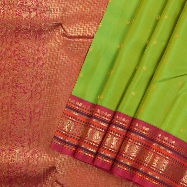 Hayagrivas Handloom Kanjivaram silk saree in Fluorescent Green with Korvai contrast KBE467F5-1